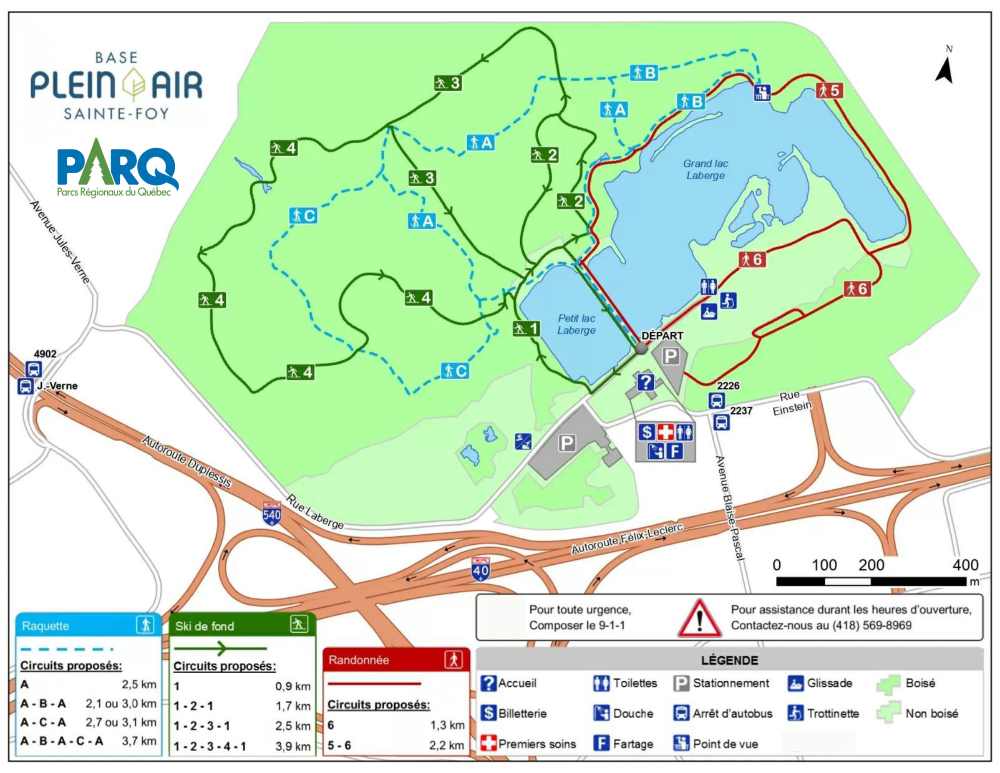 Carte du sentier pédestre en hiver de la Base Plein Air Ste-Foy